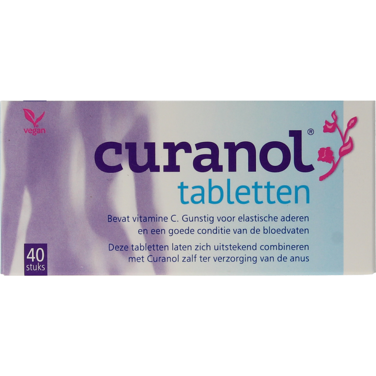 Curanol herbal tablets in a white bottle, showing the Curanol brand label and 40 tablets container for herbal supplement.