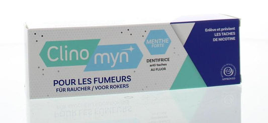 Clinomyn tobacco stain removal toothpaste in a 75ml tube, designed for smokers to help whiten teeth and freshen breath.
