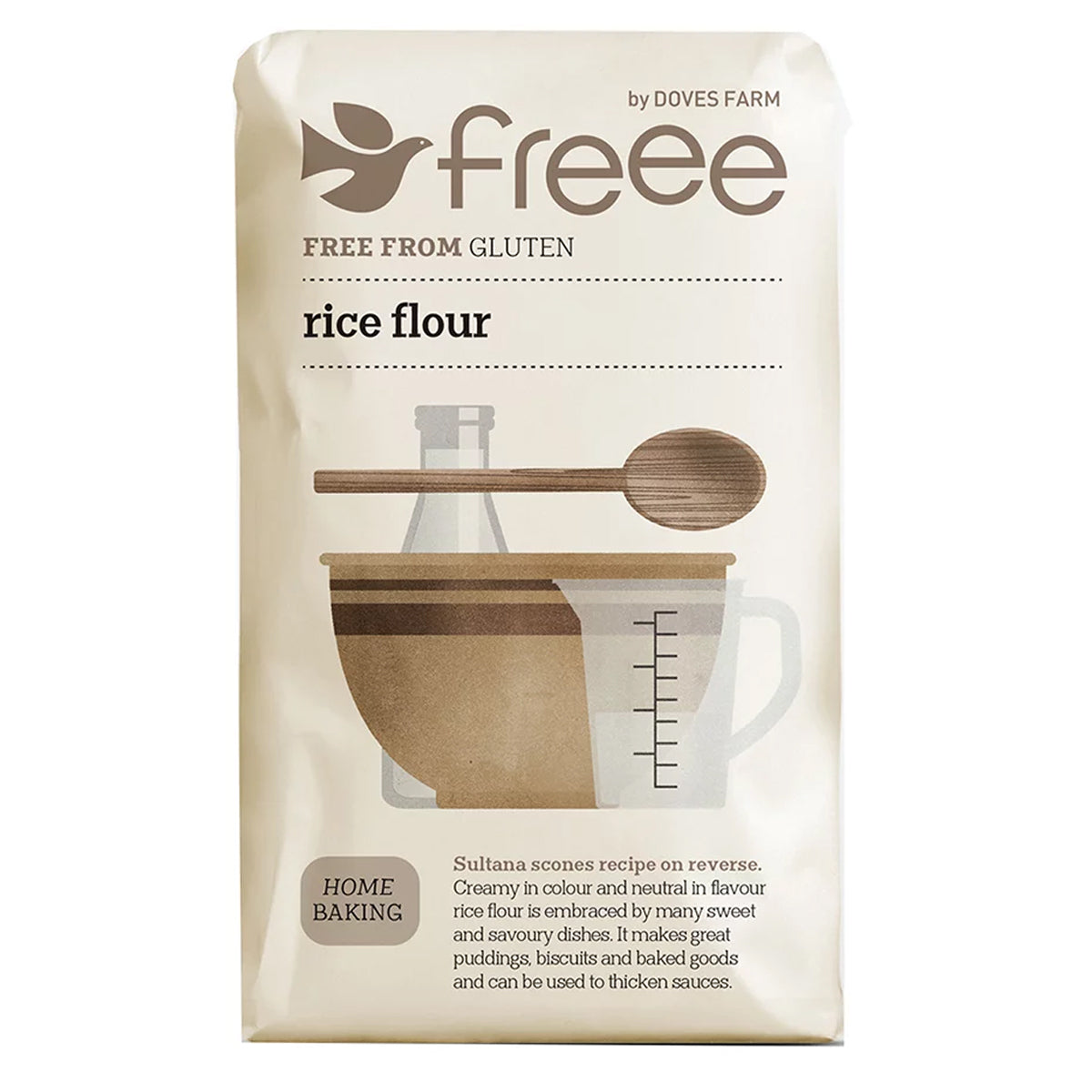 Doves Farm gluten-free rice flour bag, 1kg, in packaging for baking and cooking, part of Doves Farm baking mixes and flours.