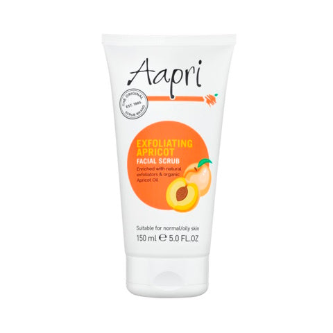 Aapri facial scrub with exfoliating apricot, 150ml, showing the creamy scrub texture and apricot pieces for gentle skin cleansing.