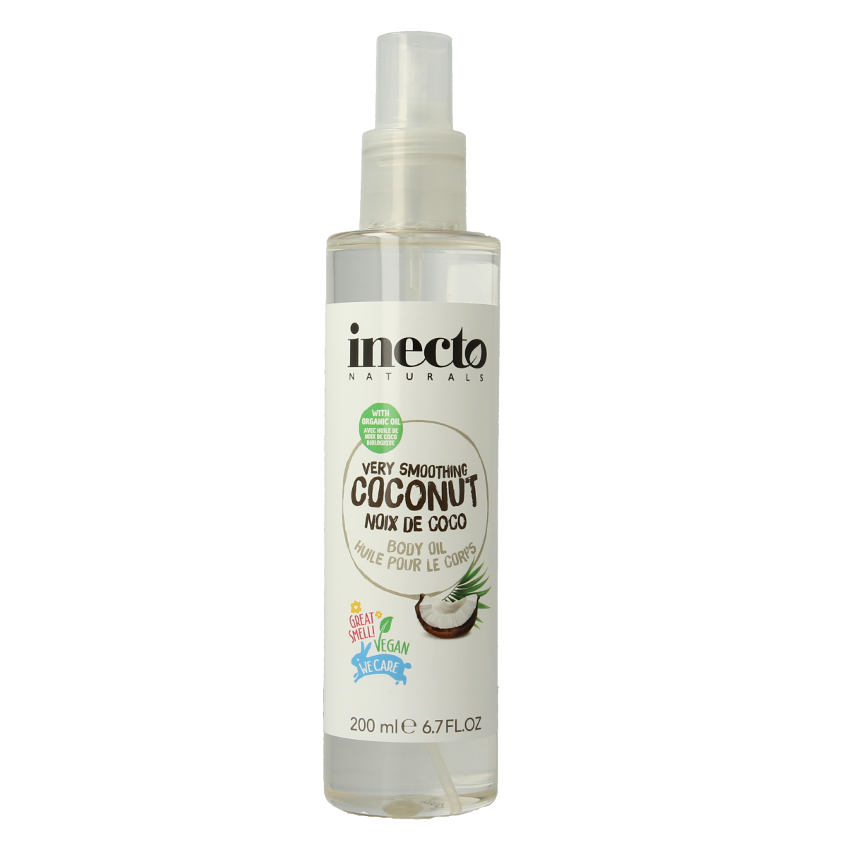 Inecto Naturals coconut body oil bottle, 200ml, featuring natural ingredients and a clear label with coconut imagery.
