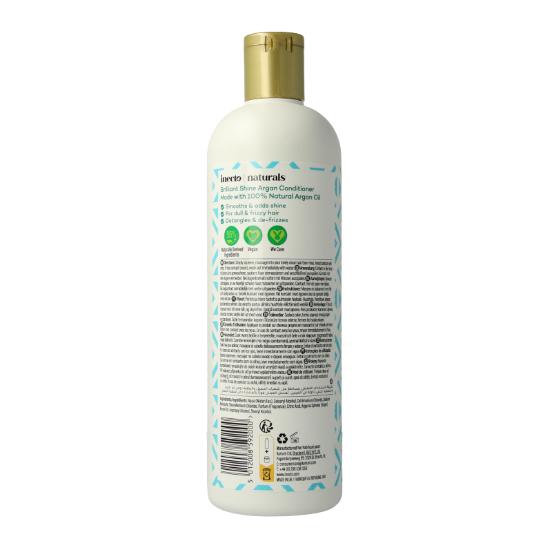Inecto Naturals Argan conditioner bottle, 500ml, for hair care, with a sleek white and green label and a pump dispenser.