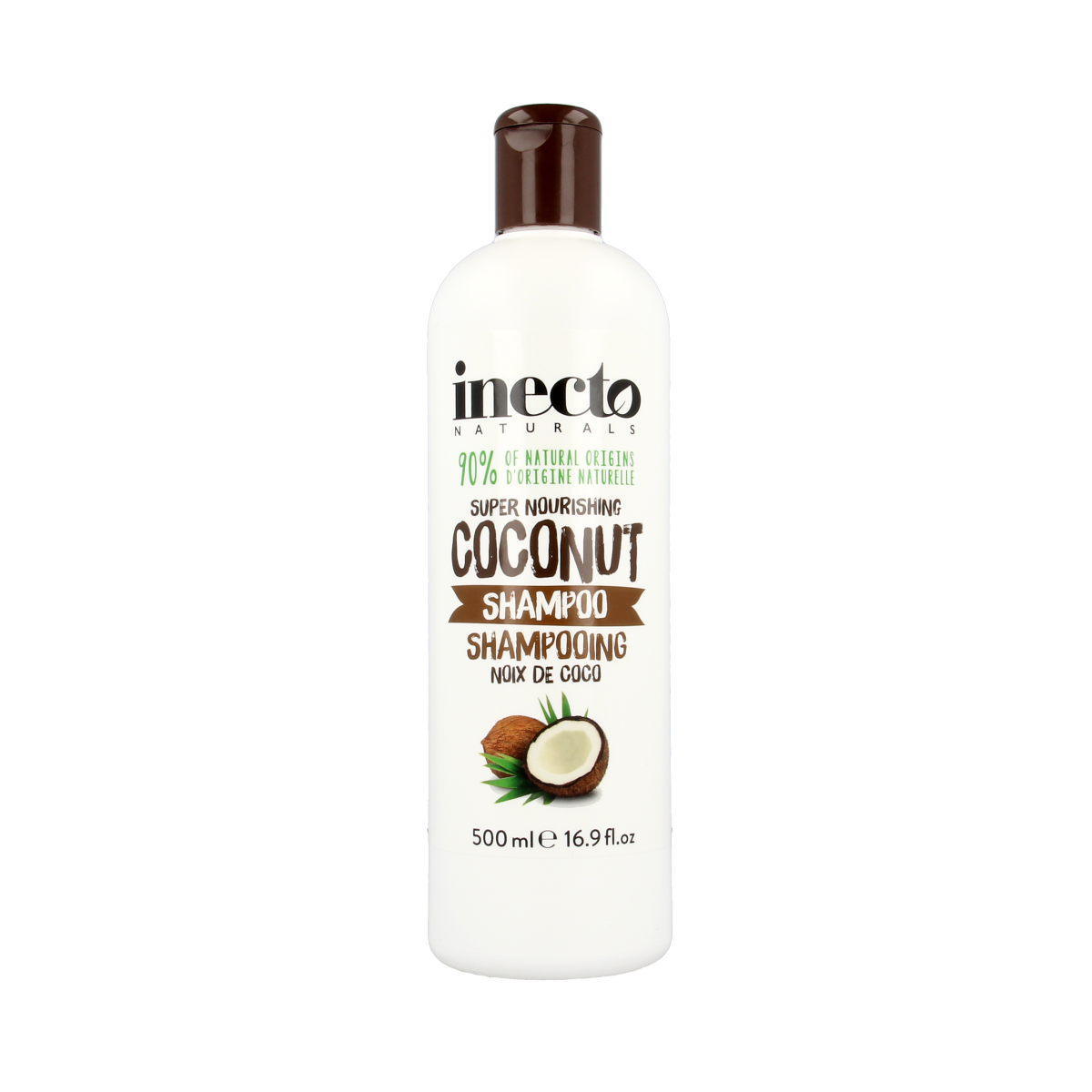 Inecto Naturals Coconut shampoo bottle, 500ml, for natural hair care, featuring a coconut-themed label and pump dispenser.