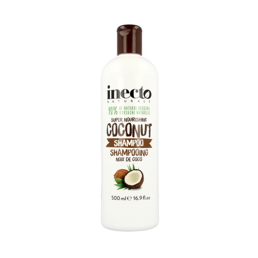 Inecto Naturals Coconut shampoo bottle, 500ml, for natural hair care, featuring a coconut-themed label and pump dispenser.