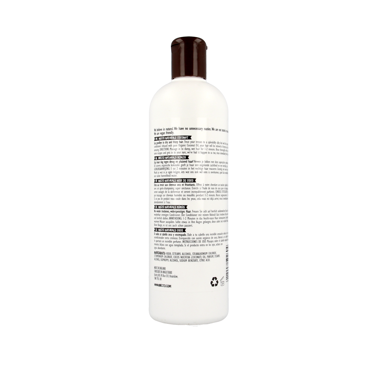 Inecto Naturals Coconut conditioner bottle, 500ml, for hair care, with a close-up view of the product label.