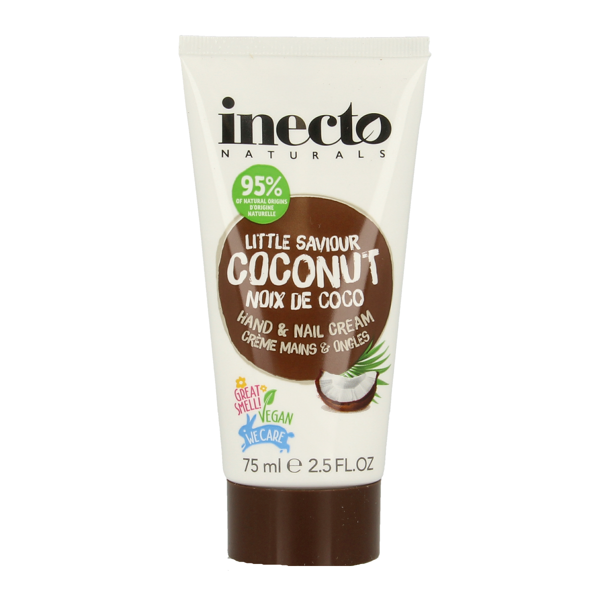 Inecto Naturals Coconut hand and nail cream tube, 75ml, featuring a coconut-themed design for nourishing hand and nail care.