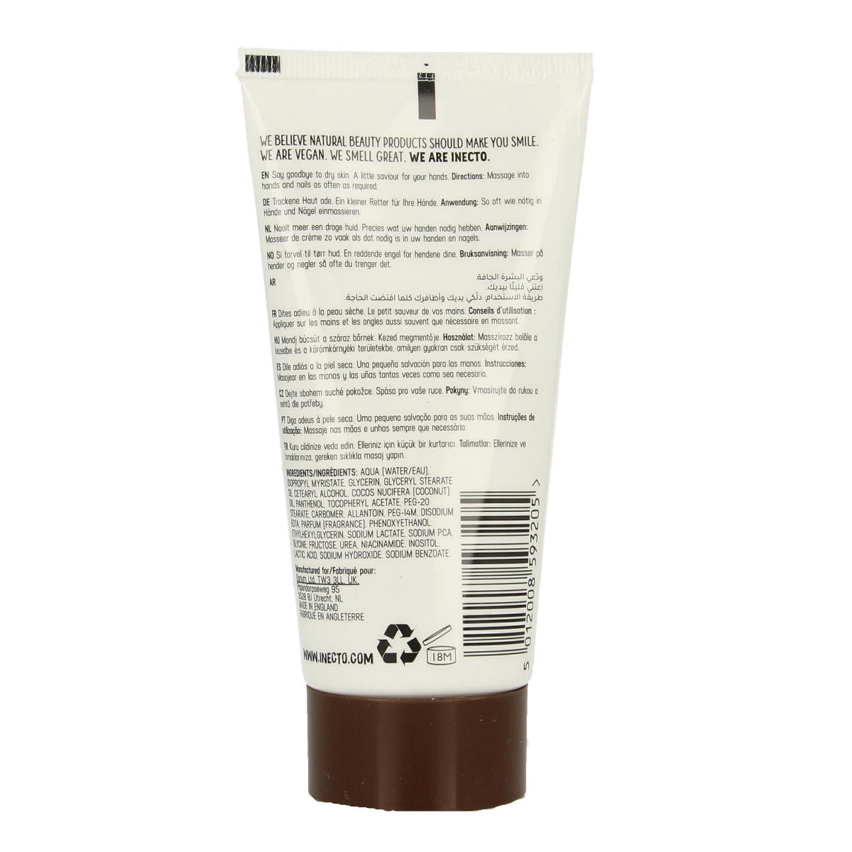 Inecto Naturals Coconut hand and nail cream tube, 75ml, moisturizing hand care product with coconut extract.
