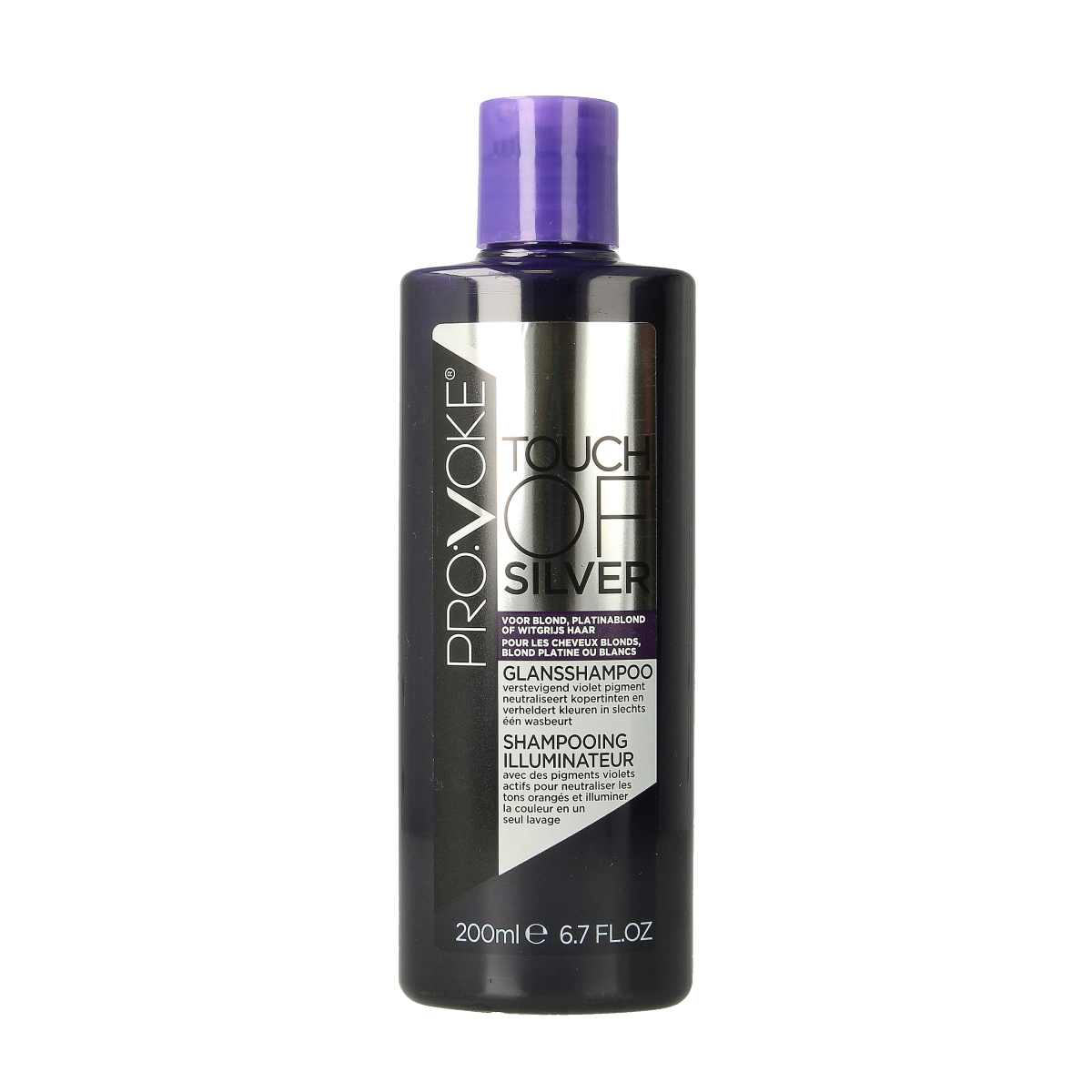Provoke Brightening Silver Shampoo 200ml bottle, hair care product for blonde and gray hair, with a sleek design.