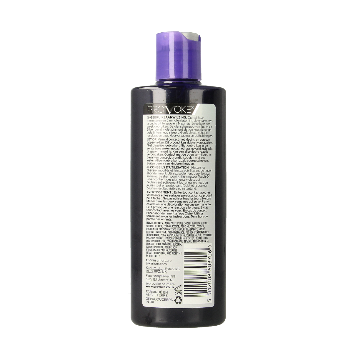 Provoke Touch of Silver brightening shampoo bottle, 200ml, for blond and gray hair care.