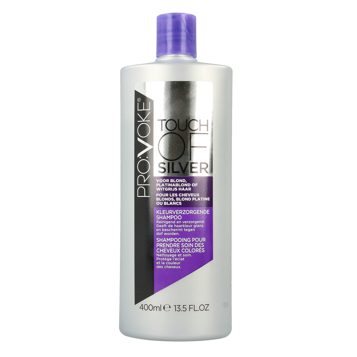 Provoke Touch of Silver shampoo for color care, 400ml, with purple tint to neutralize yellow tones in blonde or gray hair.