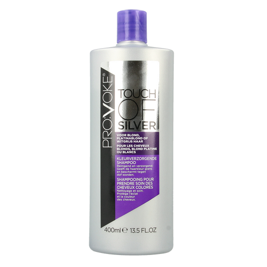 Provoke Touch of Silver shampoo for color care, 400ml, with purple tint to neutralize yellow tones in blonde or gray hair.