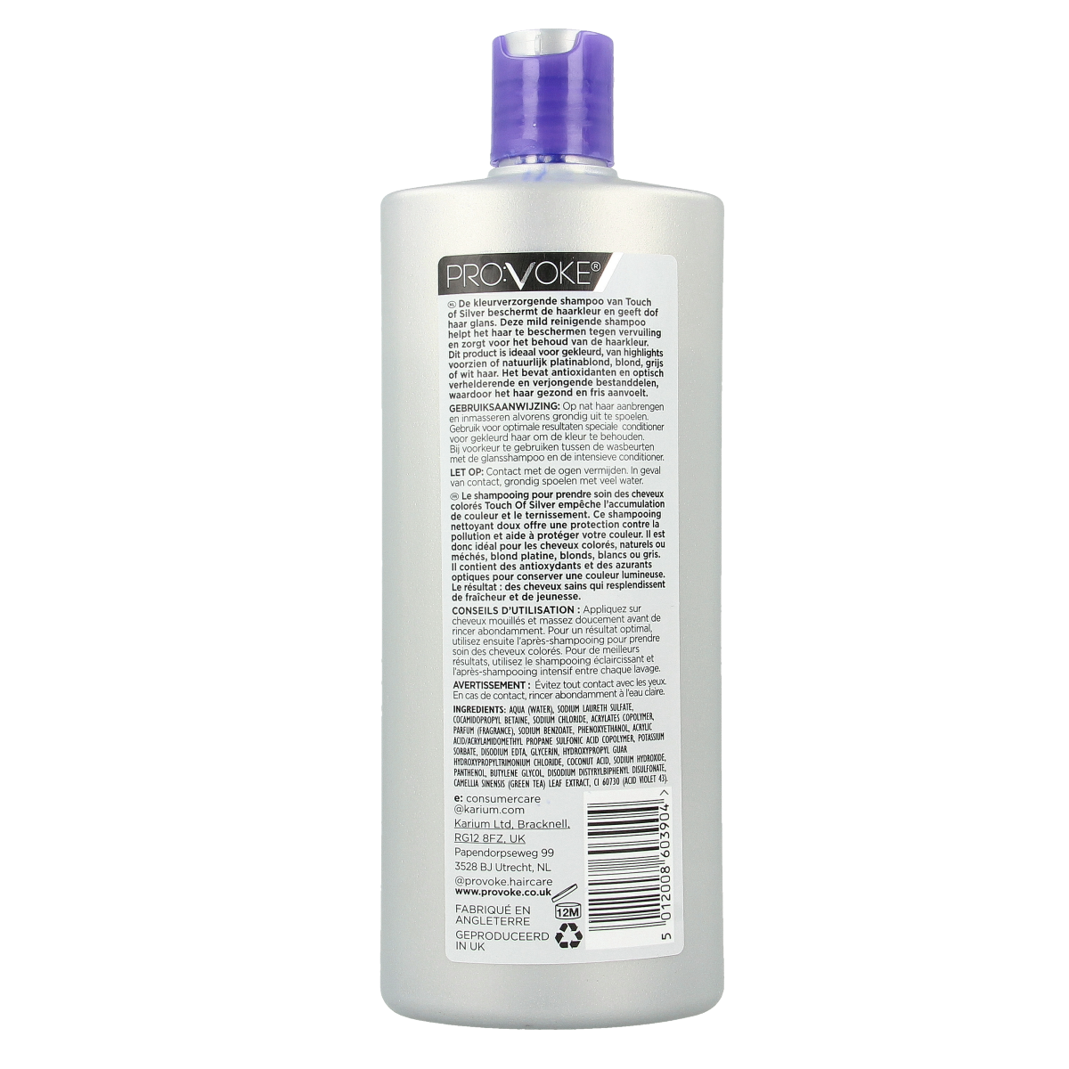 Provoke Touch of Silver Shampoo for color care, 400ml, with purple-toned formula for blonde and gray hair care.