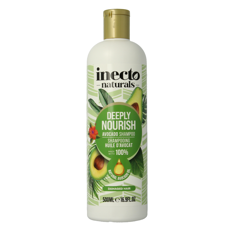 Inecto Naturals Avocado shampoo bottle, 500ml, natural hair care product with avocado extract in a transparent plastic bottle.