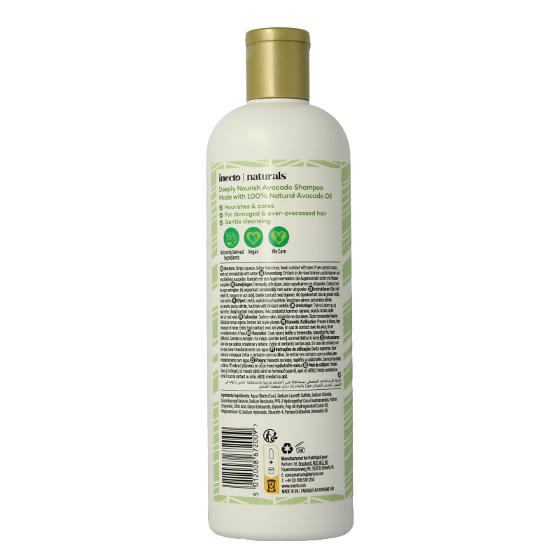 Inecto Naturals Avocado shampoo bottle, 500ml, with green avocado imagery, for nourishing hair care.