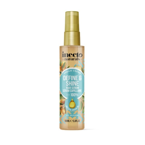 Inecto Naturals Argan Hair Serum Dream Creme 100ml, smooth and nourishing hair care product in a white bottle with a pump dispenser.