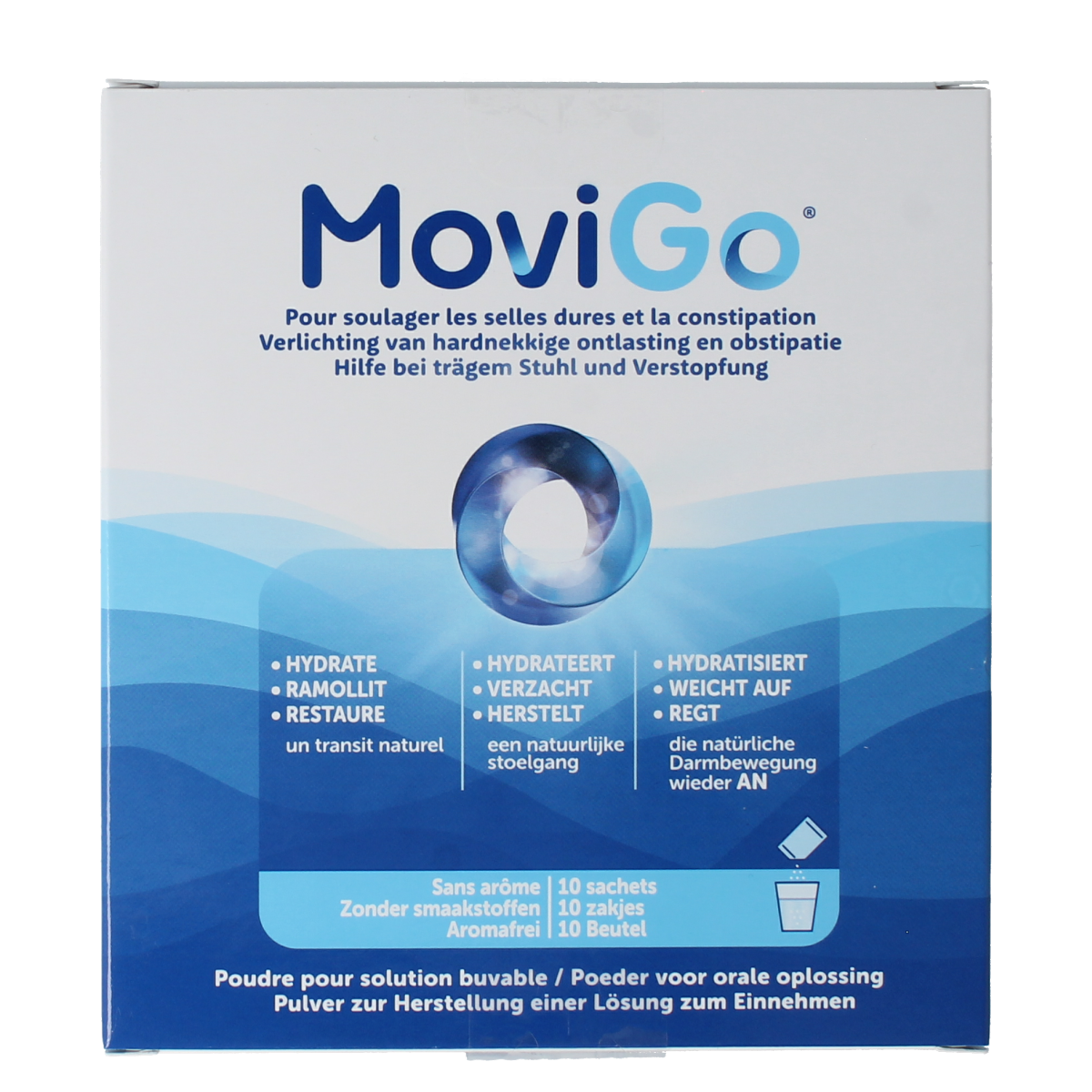 Movigo Laxeermiddel 10 zakjes, natural laxatives in a box, showing the product packaging and branding.