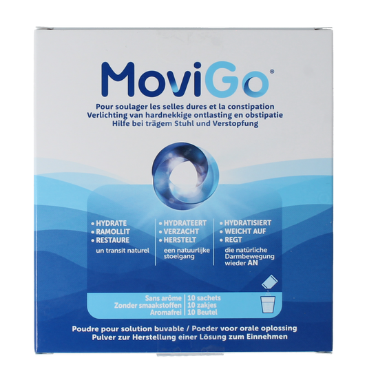 Movigo Laxeermiddel 10 zakjes, natural laxatives in a box, showing the product packaging and branding.