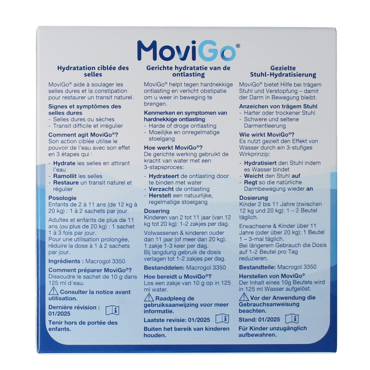 Movigo Laxeermiddel 10-gram sachets, natural laxative product for gentle bowel relief, shown in package with individual sachets.