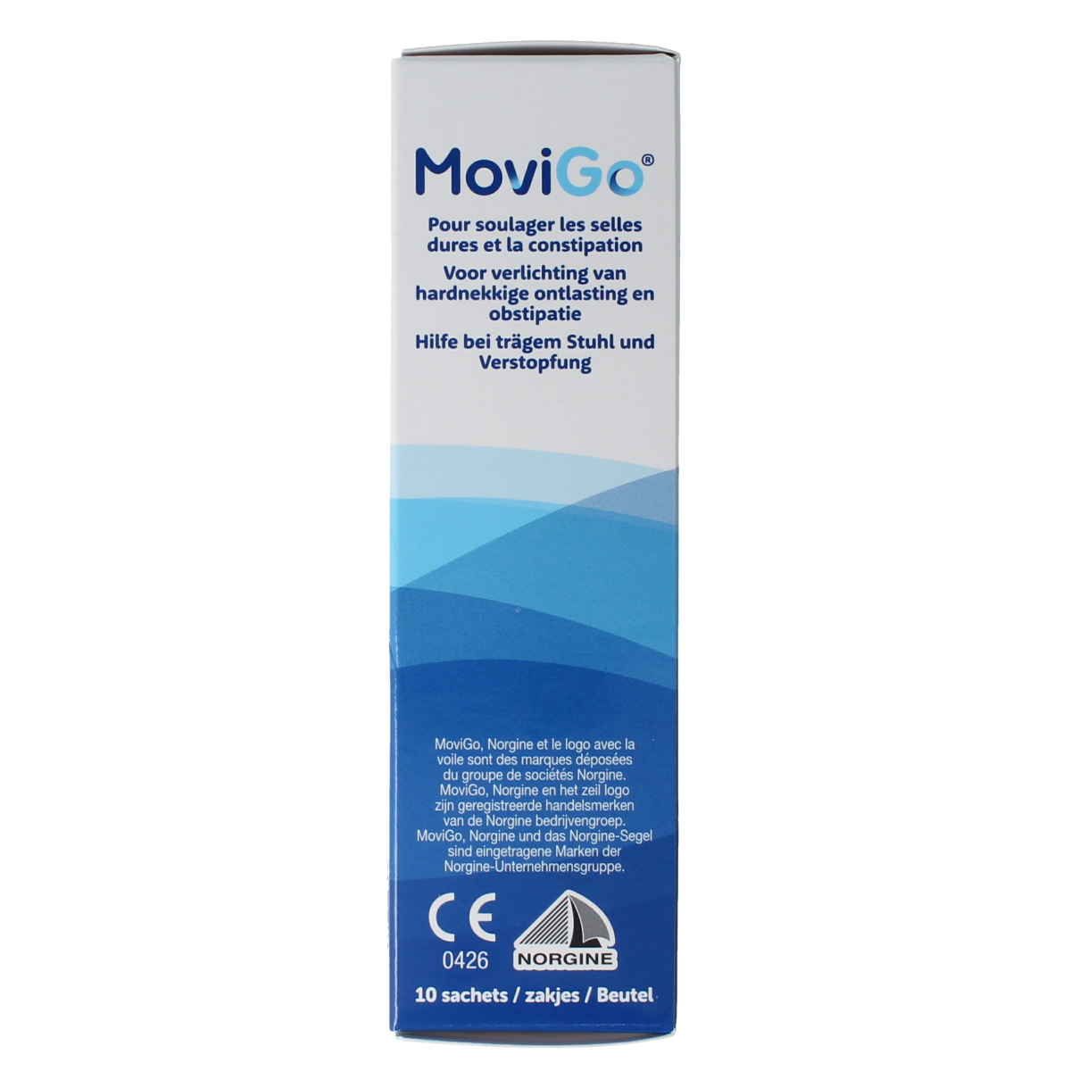 Movigo Laxeermiddel 10-pack of laxatives in sachets, natural relief product for constipation, shown in individual sachets.