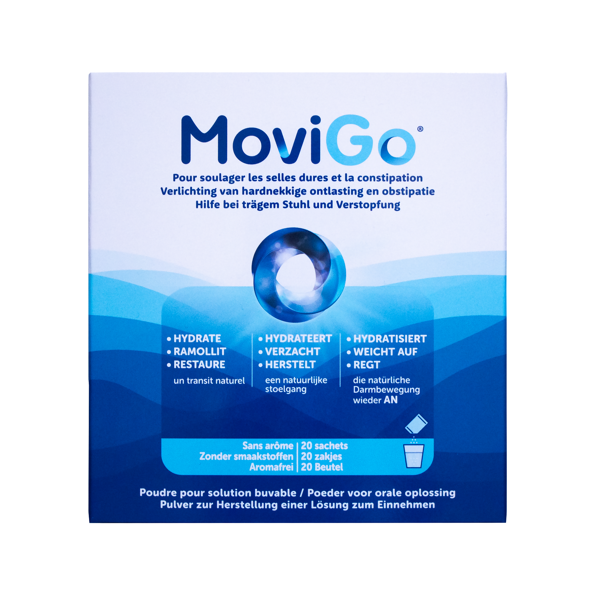 Movigo Laxeermiddel 20 zakjes, box of laxatives with individual sachets, showing the packaging and product branding.