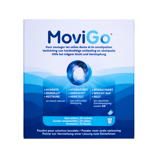 Movigo Laxeermiddel 20 zakjes, box of laxatives with individual sachets, showing the packaging and product branding.