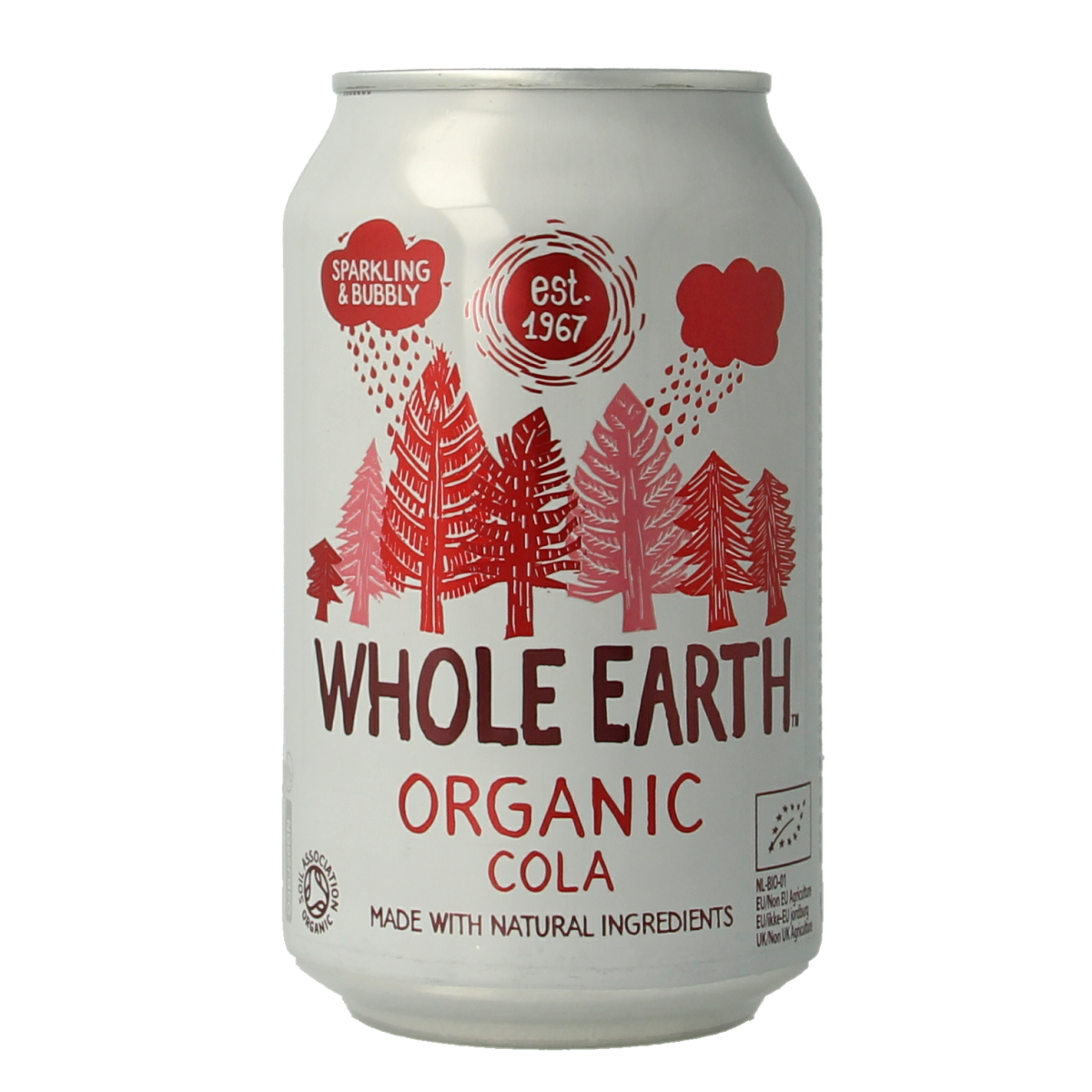 Whole Earth Sparkling Cola bio in 330ml bottle, showing the label and clear carbonated fizzy drink inside.