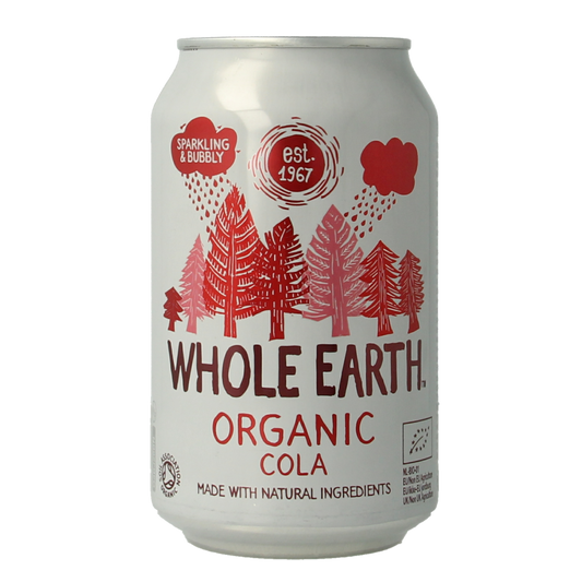 Whole Earth Sparkling Cola bio in 330ml bottle, showing the label and clear carbonated fizzy drink inside.