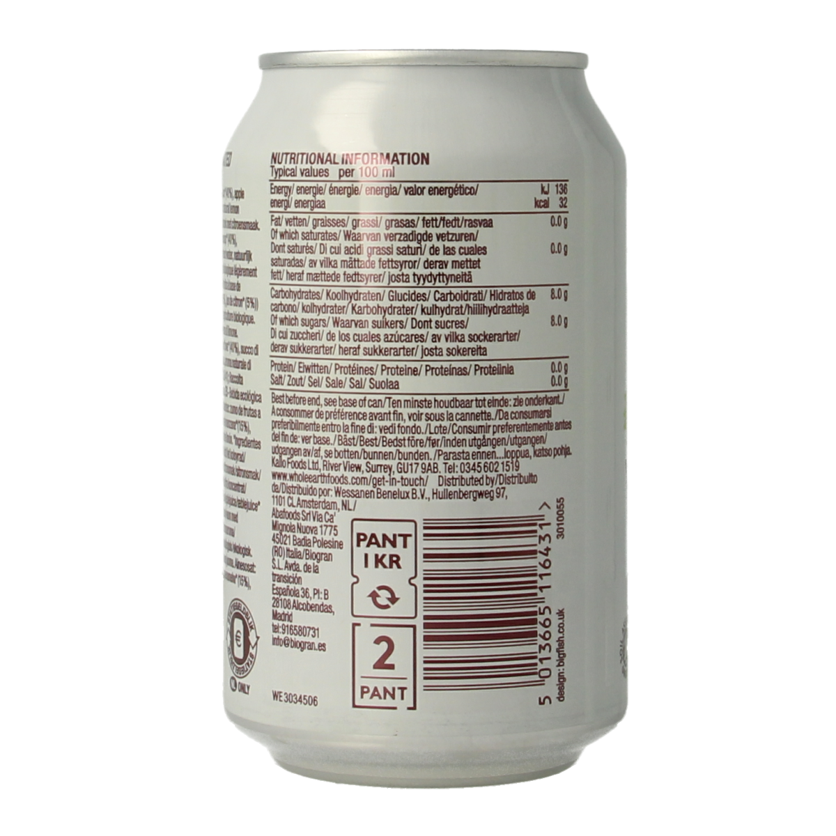 Whole Earth sparkling lemonade bio bottle, 330ml, with clear glass and lemon slices inside, showcasing refreshing citrus beverage.