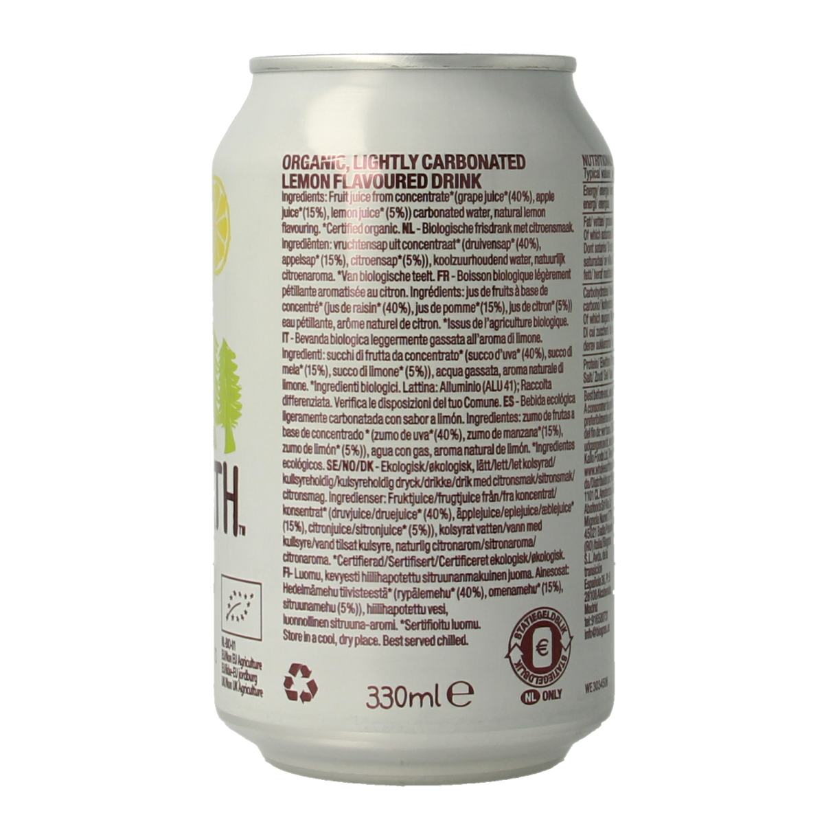 Whole Earth sparkling lemonade in 330ml bottle, organic beverage with lemon flavor, carbonated drink from Whole Earth.