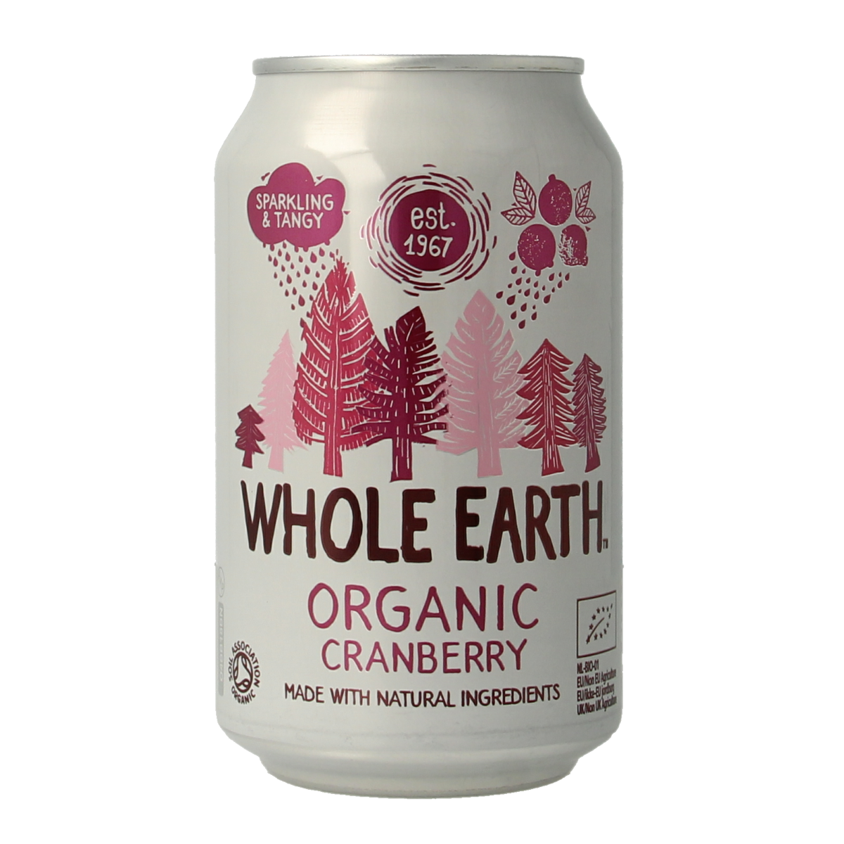 Whole Earth sparkling cranberry juice in a 330ml bottle, natural and organic, with vibrant red cranberry flavor.