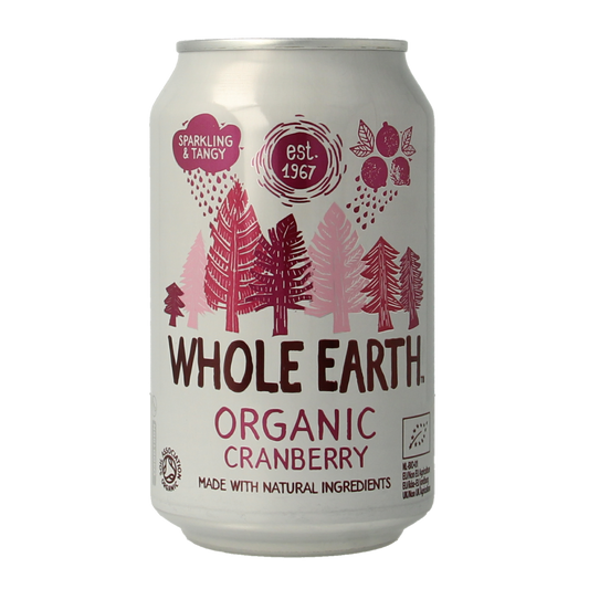 Whole Earth sparkling cranberry juice in a 330ml bottle, natural and organic, with vibrant red cranberry flavor.