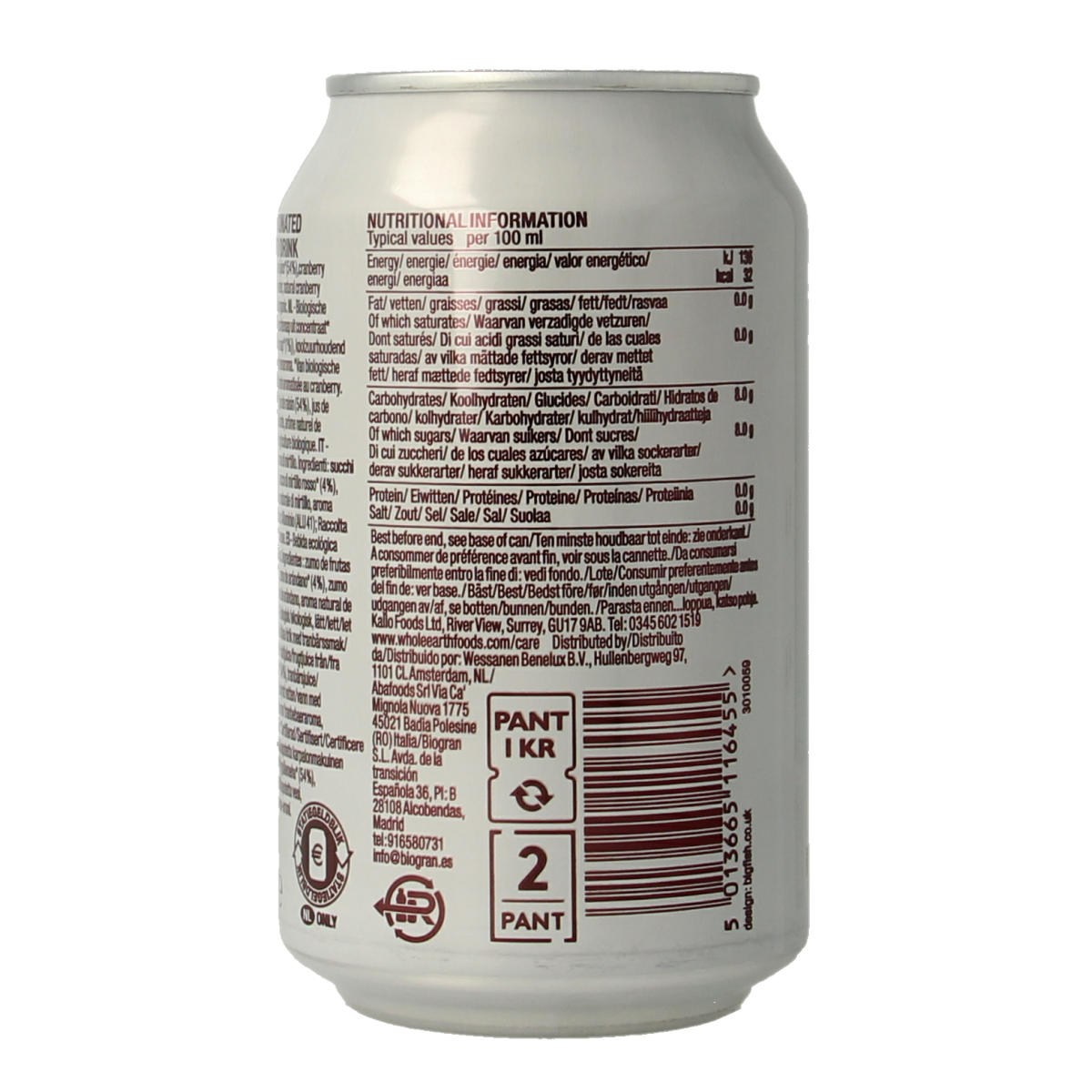 Whole Earth sparkling cranberry organic drink in a 330ml bottle, showing the colorful label and carbonated beverage inside.