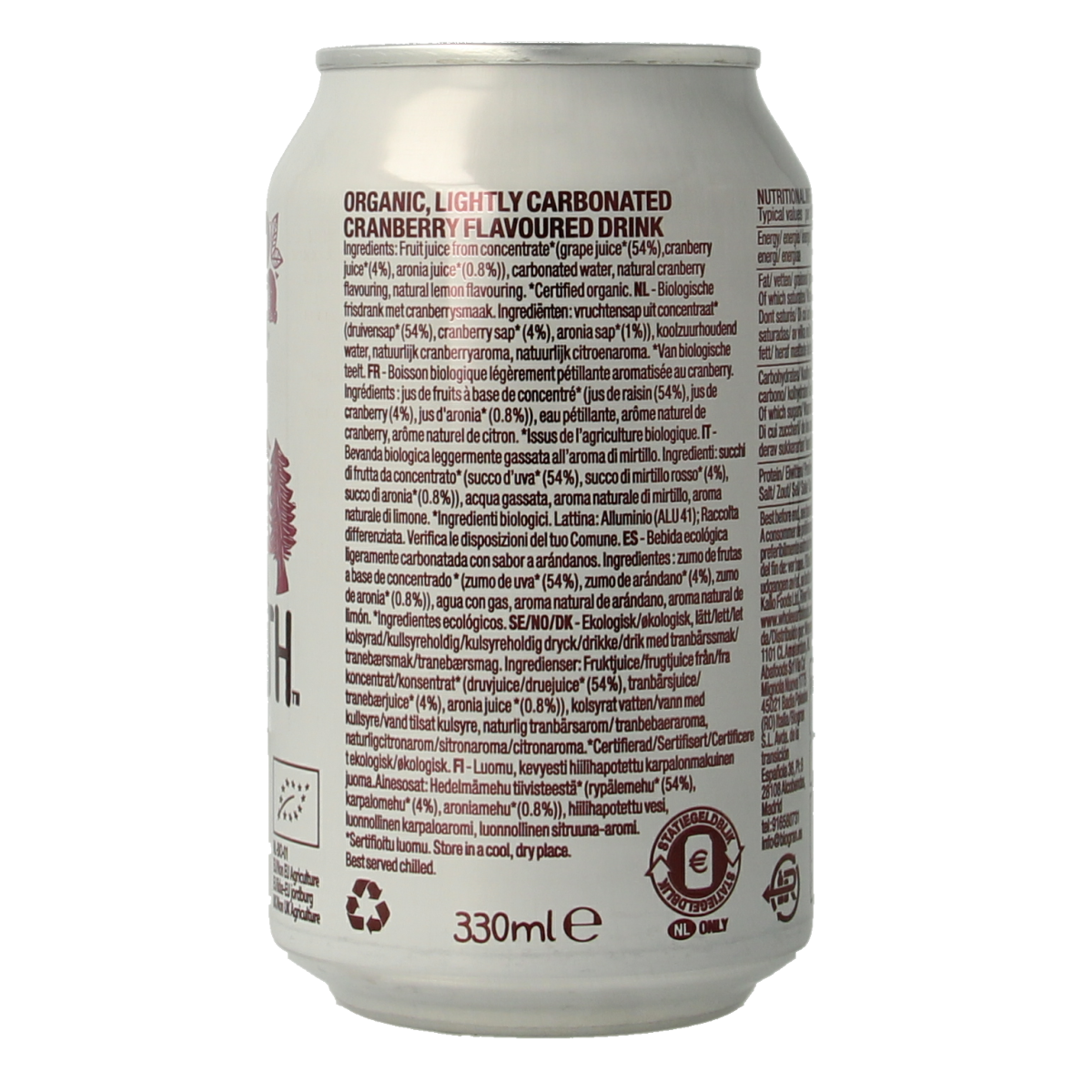 Whole Earth sparkling cranberry bio drink in a 330ml bottle, showcasing the refreshing beverage with vibrant cranberry flavor.