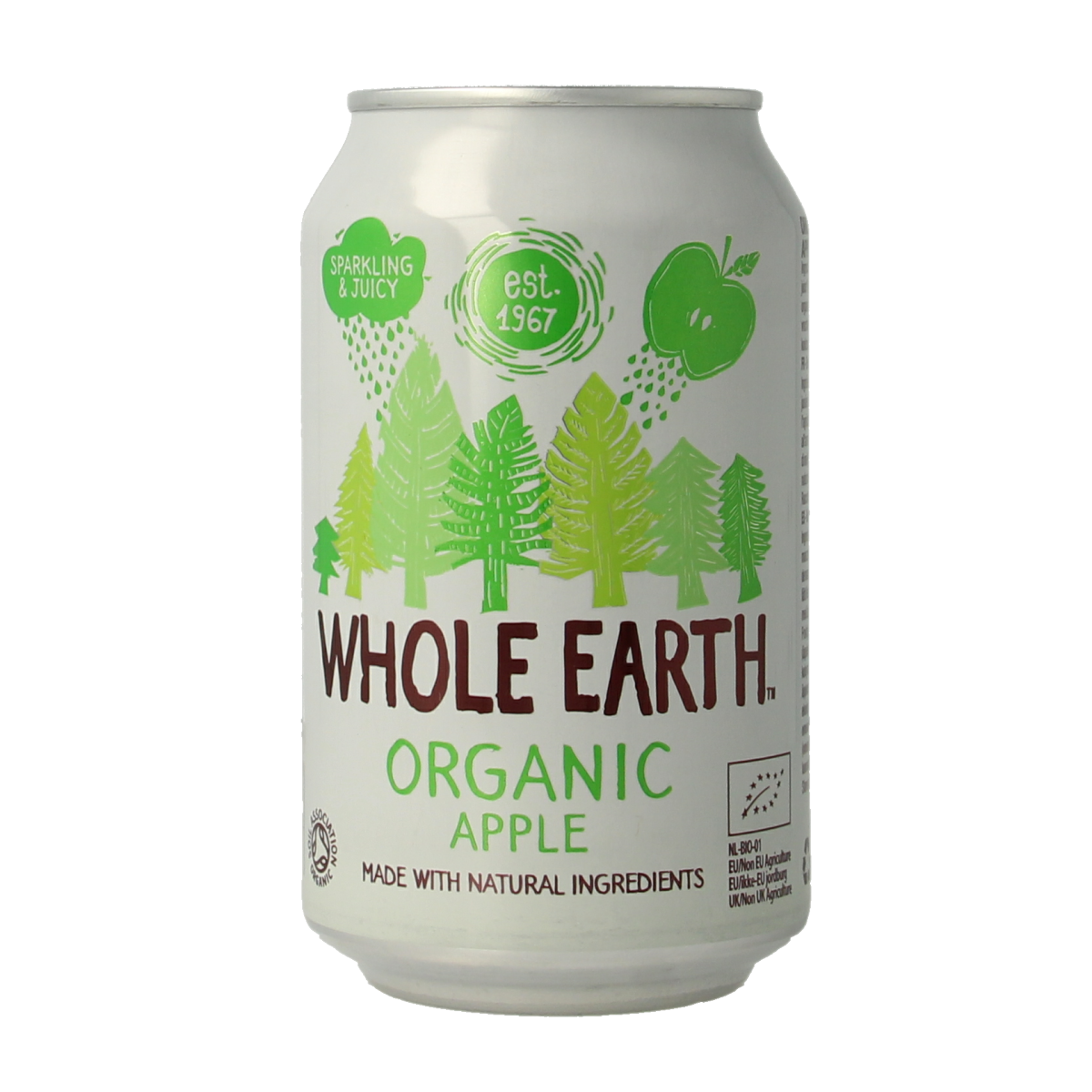Whole Earth sparkling apple bio drink in a 330ml bottle, with clear label and bubbles visible, in a natural setting.