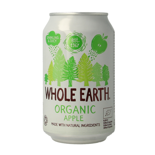 Whole Earth sparkling apple bio drink in a 330ml bottle, with clear label and bubbles visible, in a natural setting.