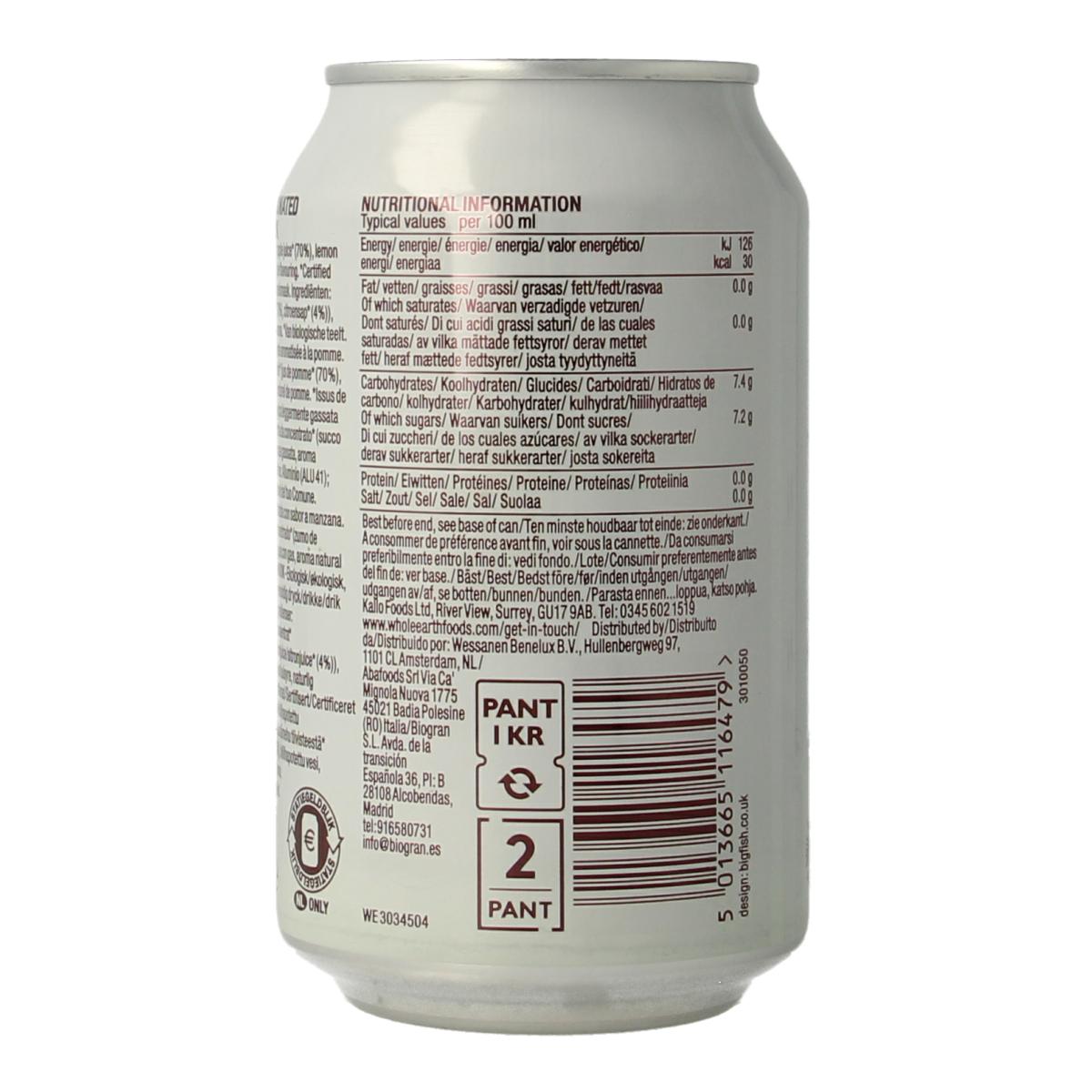 Bottle of Whole Earth sparkling apple bio juice, 330ml, with clear label and carbonation bubbles visible in the glass.