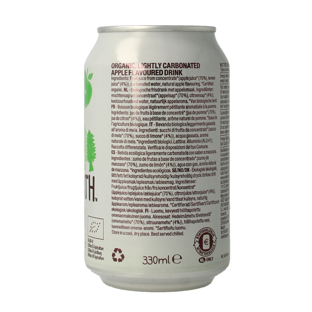 Whole Earth sparkling apple bio drink in 330ml bottle, clear glass with fresh apple slices and bubbles, natural and refreshing beverage.