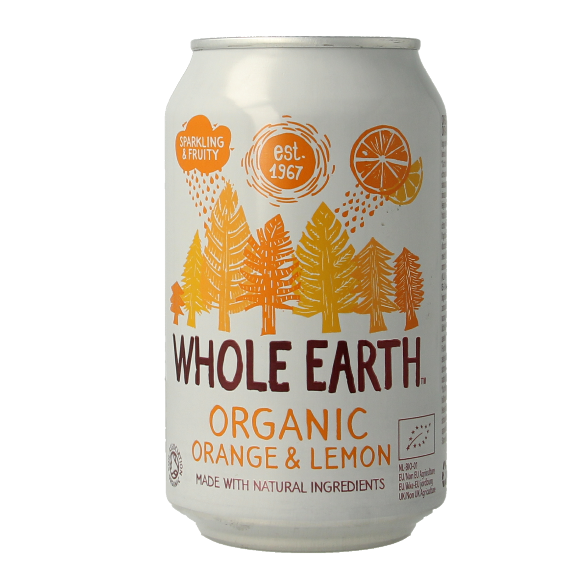 Whole Earth sparkling orange and lemon organic drink in a 330ml bottle, showcasing vibrant citrus slices and bubbles.