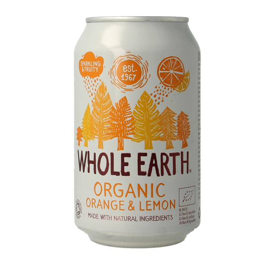 Whole Earth sparkling orange and lemon organic drink in a 330ml bottle, showcasing vibrant citrus slices and bubbles.