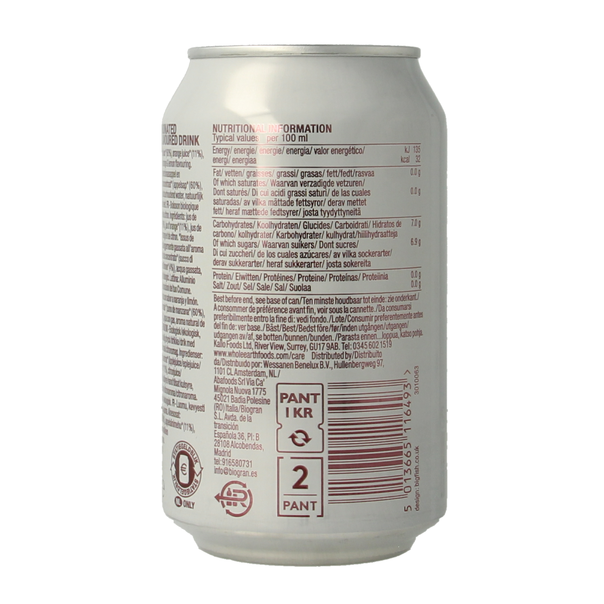 Whole Earth sparkling orange and lemon organic drink in a 330ml bottle, showcasing fresh citrus slices and bubbly texture.