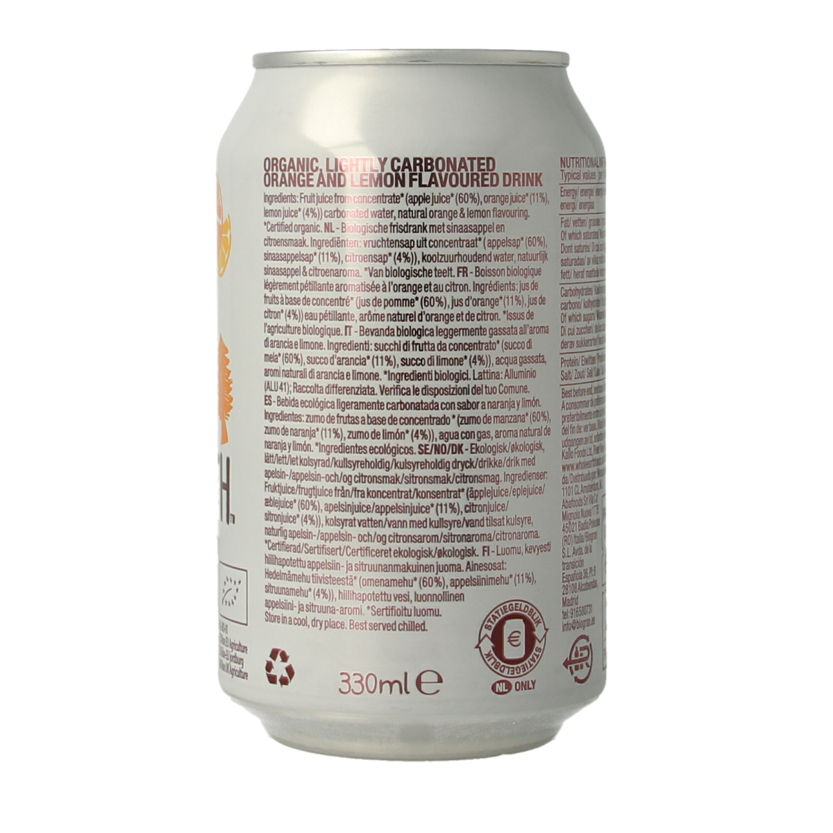 Whole Earth sparkling orange and lemon bio drink in 330ml bottle, refreshing natural fruit-flavored beverage.