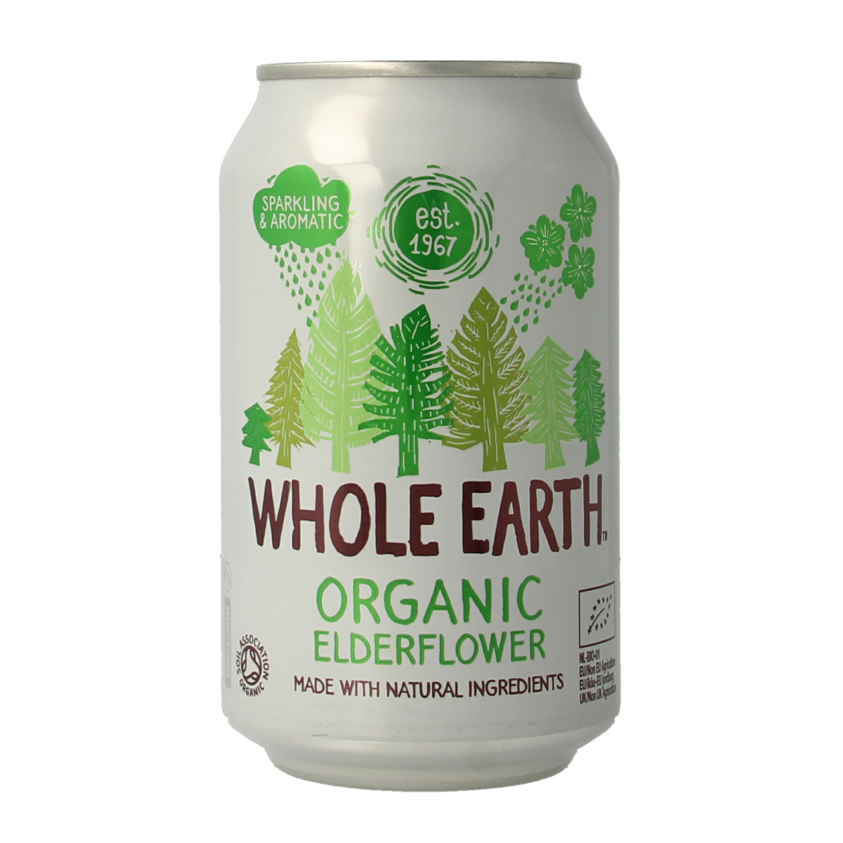 Whole Earth sparkling elderflower organic drink in a 330ml bottle with a clear label and colorful elderflower illustrations.