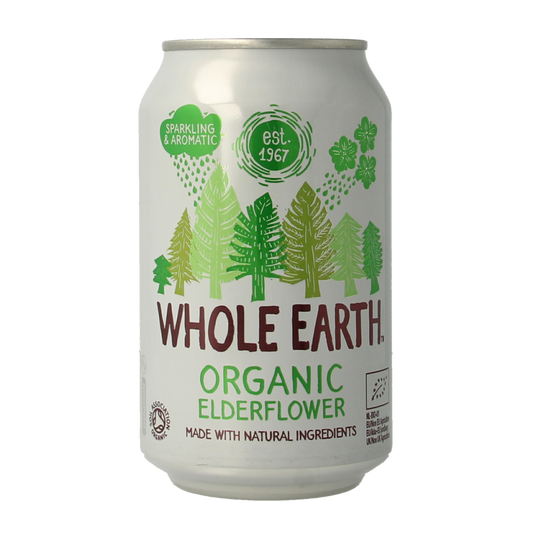 Whole Earth sparkling elderflower organic drink in a 330ml bottle with a clear label and colorful elderflower illustrations.