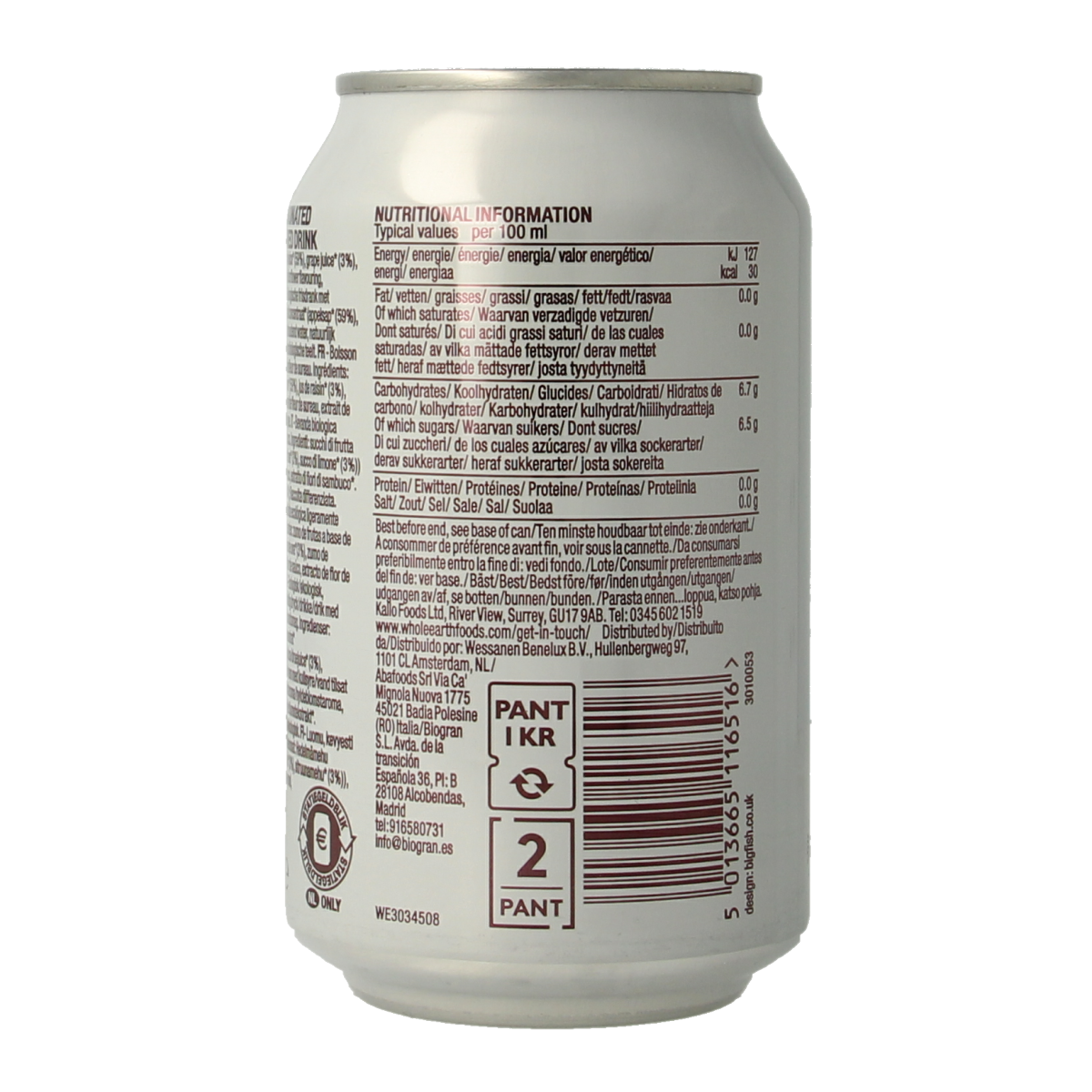 Whole Earth sparkling elderflower bio drink in a 330ml bottle, showcasing clear glass with fresh elderflower beverage inside.