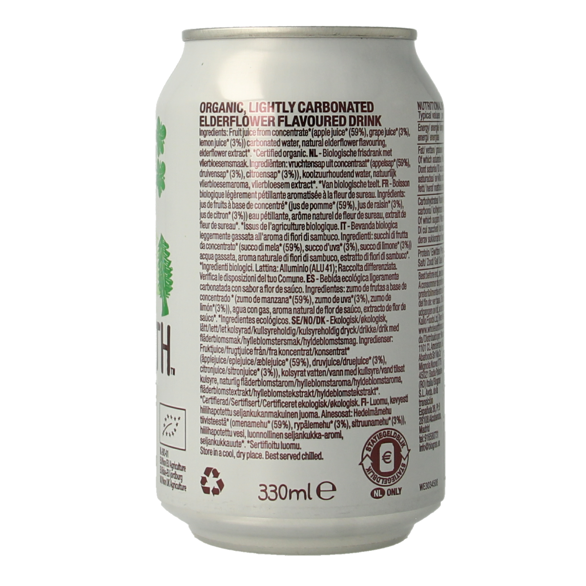 Whole Earth sparkling elderflower bio drink in a 330ml bottle, showcasing the refreshing beverage with floral elderflower flavor.