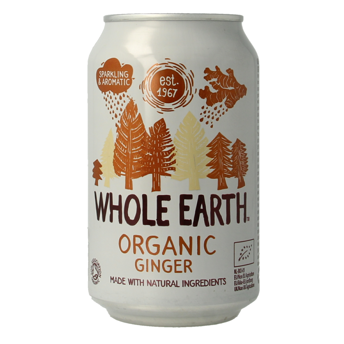 Whole Earth sparkling ginger bio drink in 330ml bottle, showcasing clear glass with bubbly ginger beverage inside.