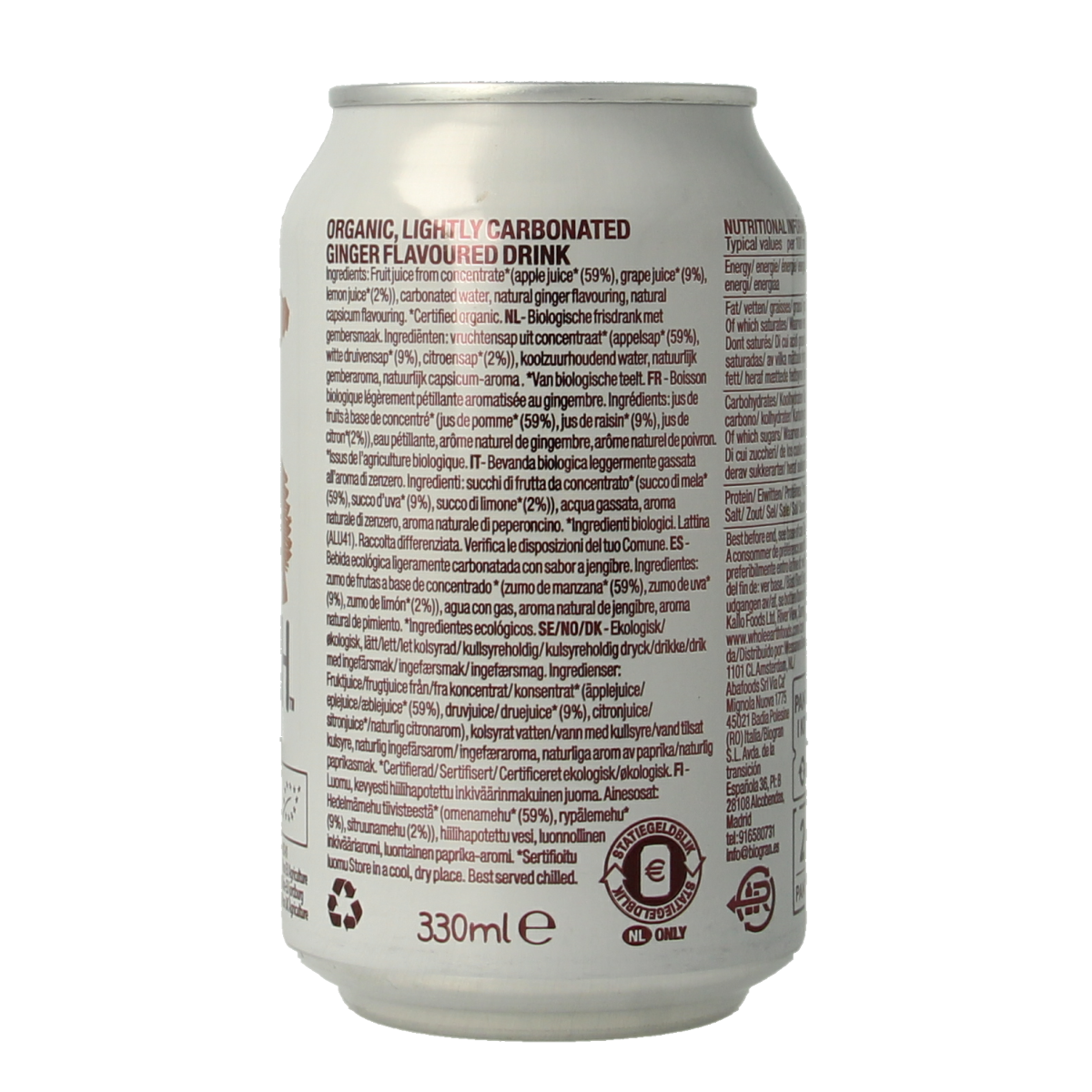 Whole Earth sparkling ginger bio drink in a 330ml bottle, showcasing the clear carbonated beverage with ginger flavor.