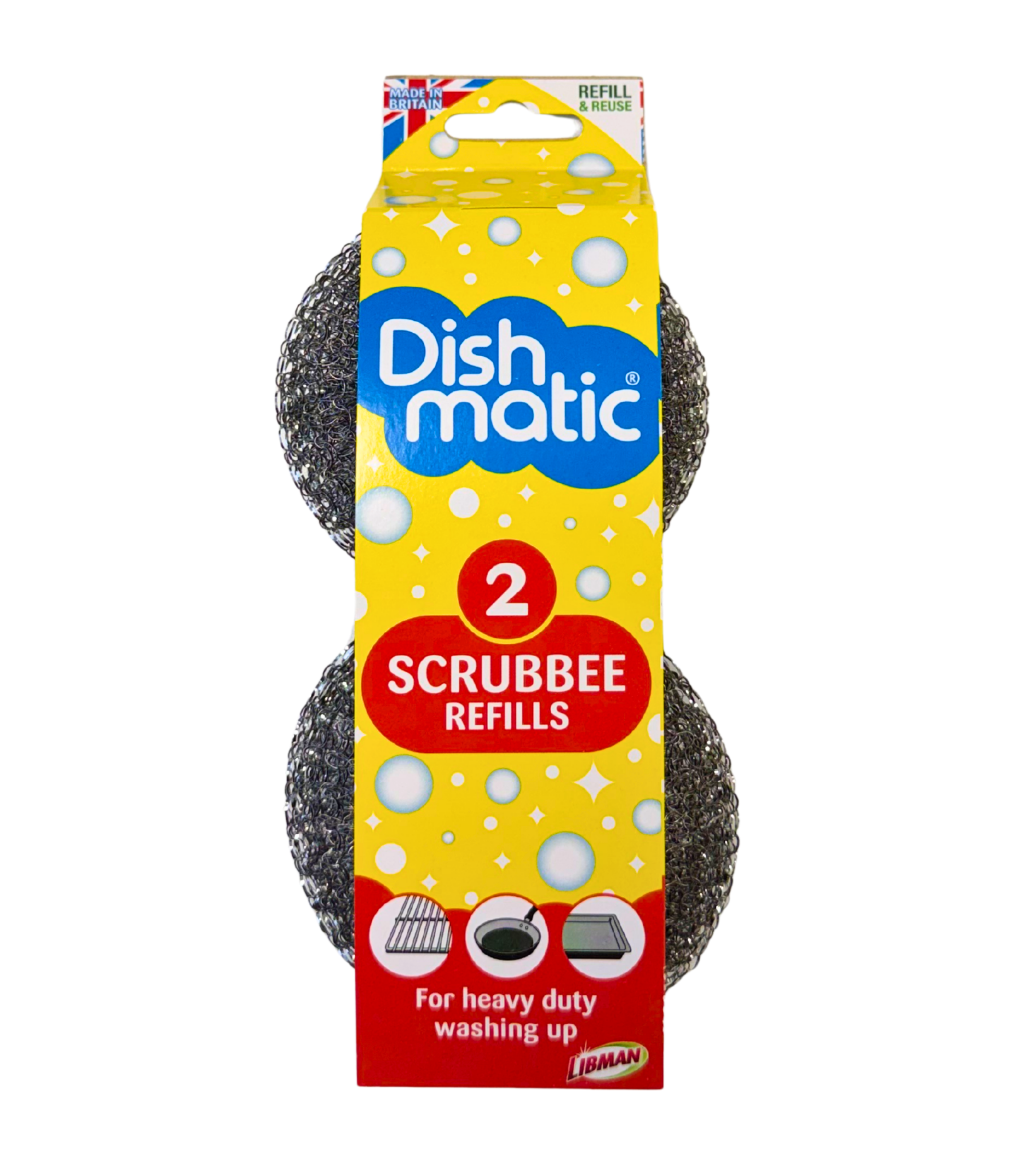 Two Dishmatic Scrubbee steel scrub brush replacements for cleaning, featuring durable stainless steel bristles.