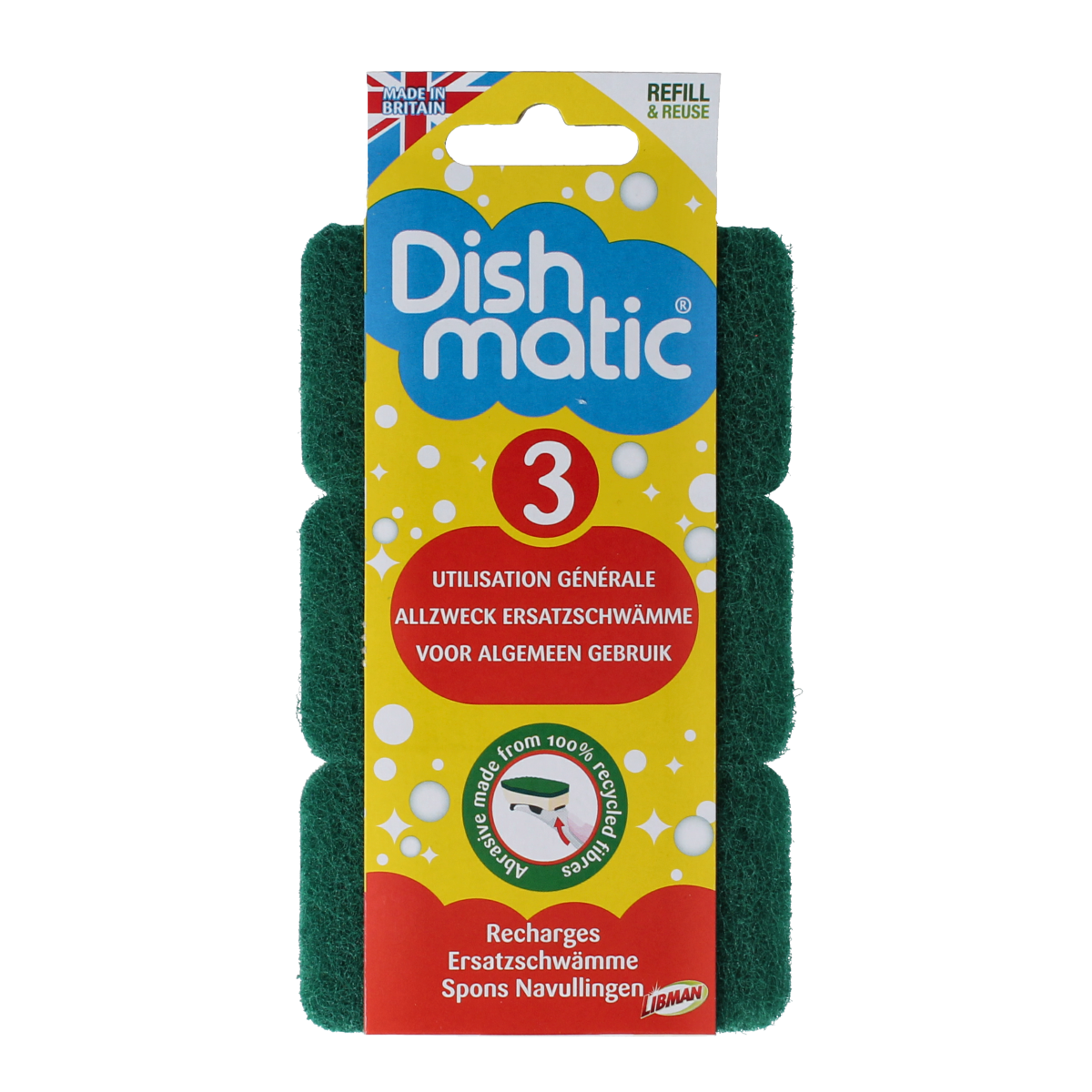Dishmatic Navulspons grof kitchen cleaning sponges, 3-pack, durable and effective for scrubbing dishes and surfaces.