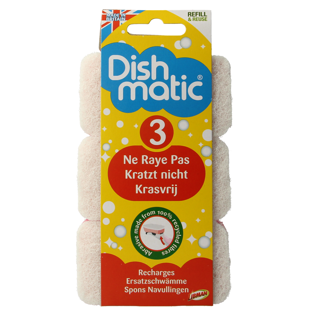 Dishmatic Navulspons krasvrij kitchen scrubbers in a pack of three, durable and rust-resistant for effective dishwashing.